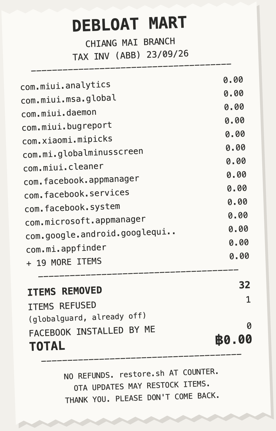A receipt for everything removed from the phone